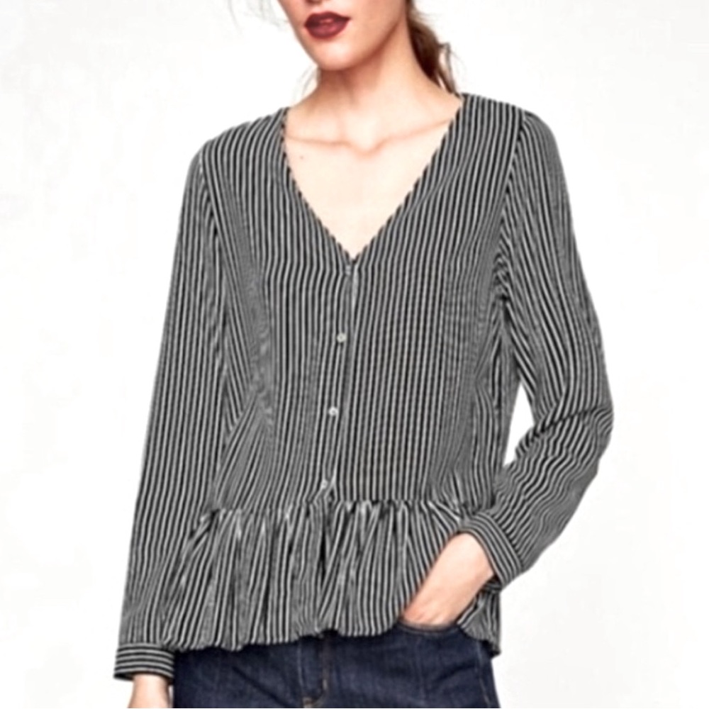 Zara Black And White Striped V-Neck Blouse